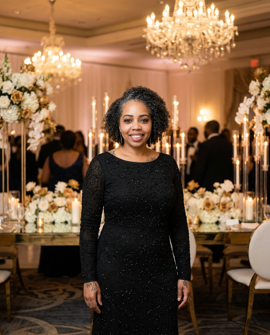 Ashley standing in an elegant candlelit reception hall set for a wedding