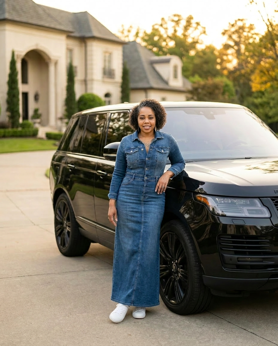 Ashley of Monet Designs in a long denim dress beside a black luxury SUV at a mansion