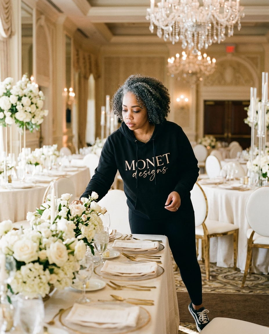 Ashley adjusting florals on-site while setting up an event