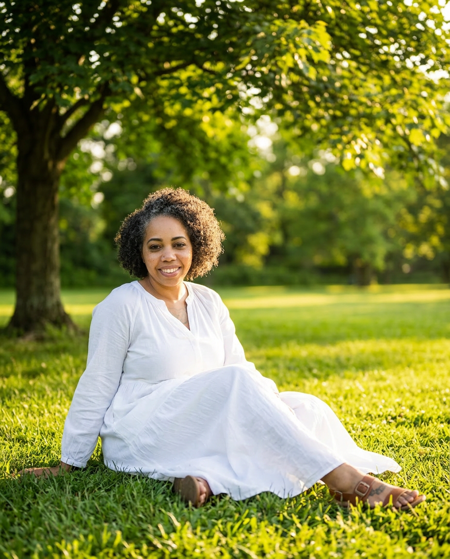 Ashley in a white sundress smiling beneath a tree in the park
