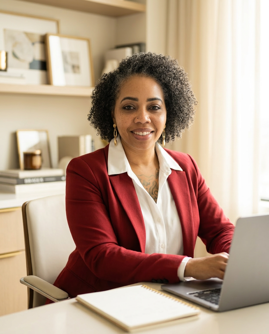 Ashley, founder of Monet Designs, in a red blazer at her studio desk