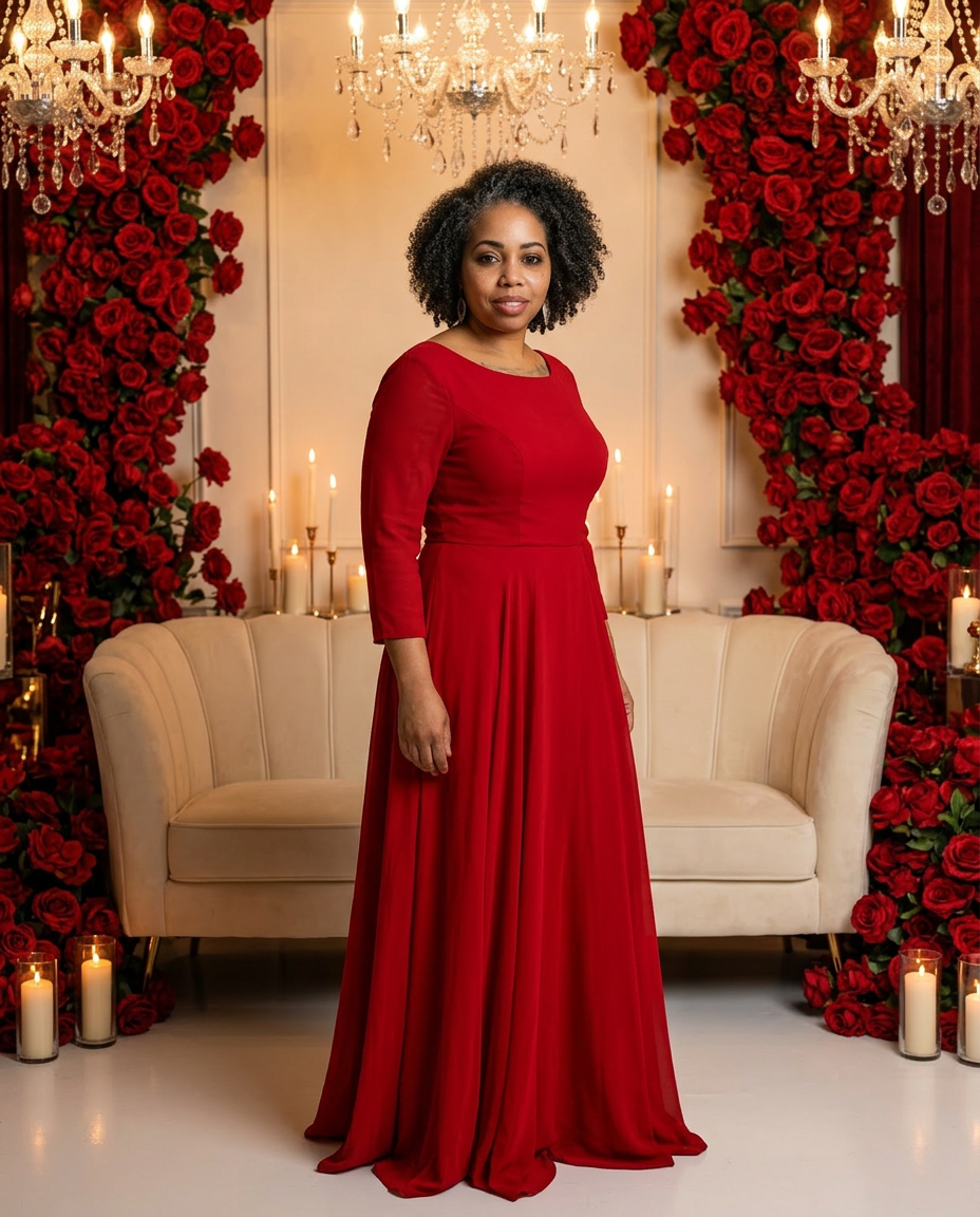 Ashley in a red formal gown in front of a rose wall and ivory sofa