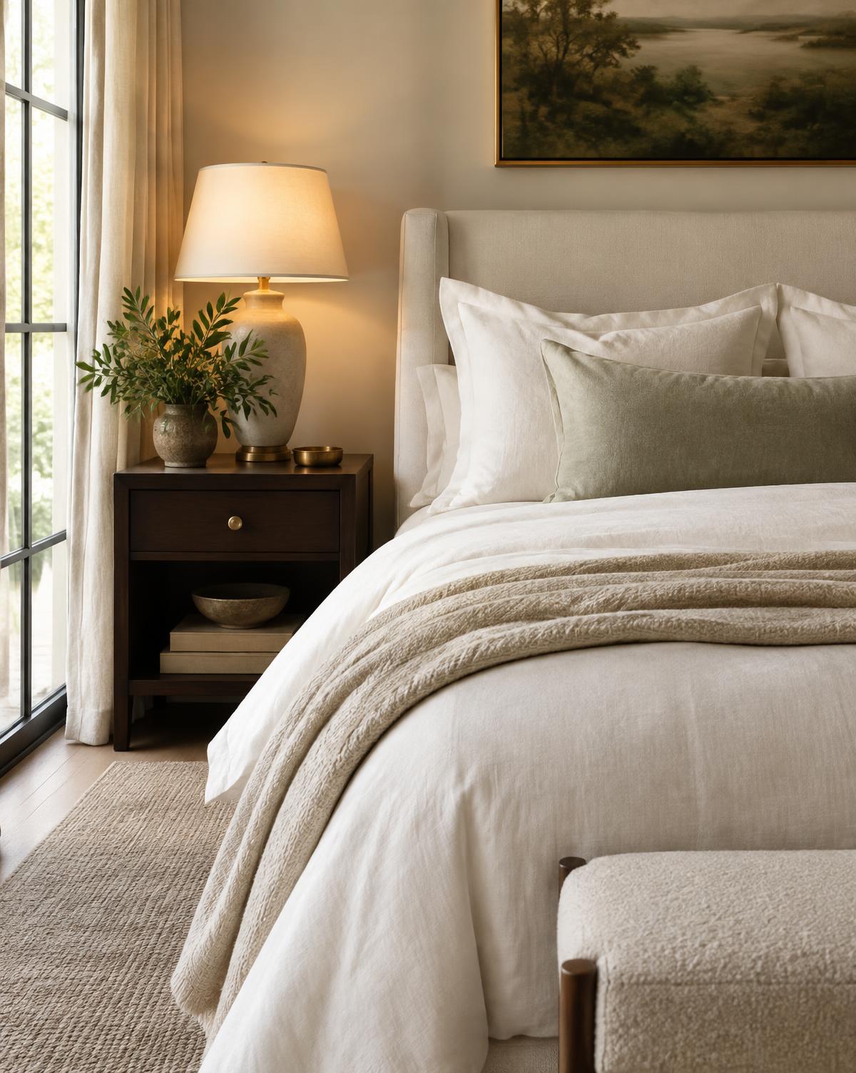 Layered ivory bedding in a warm furnished bedroom