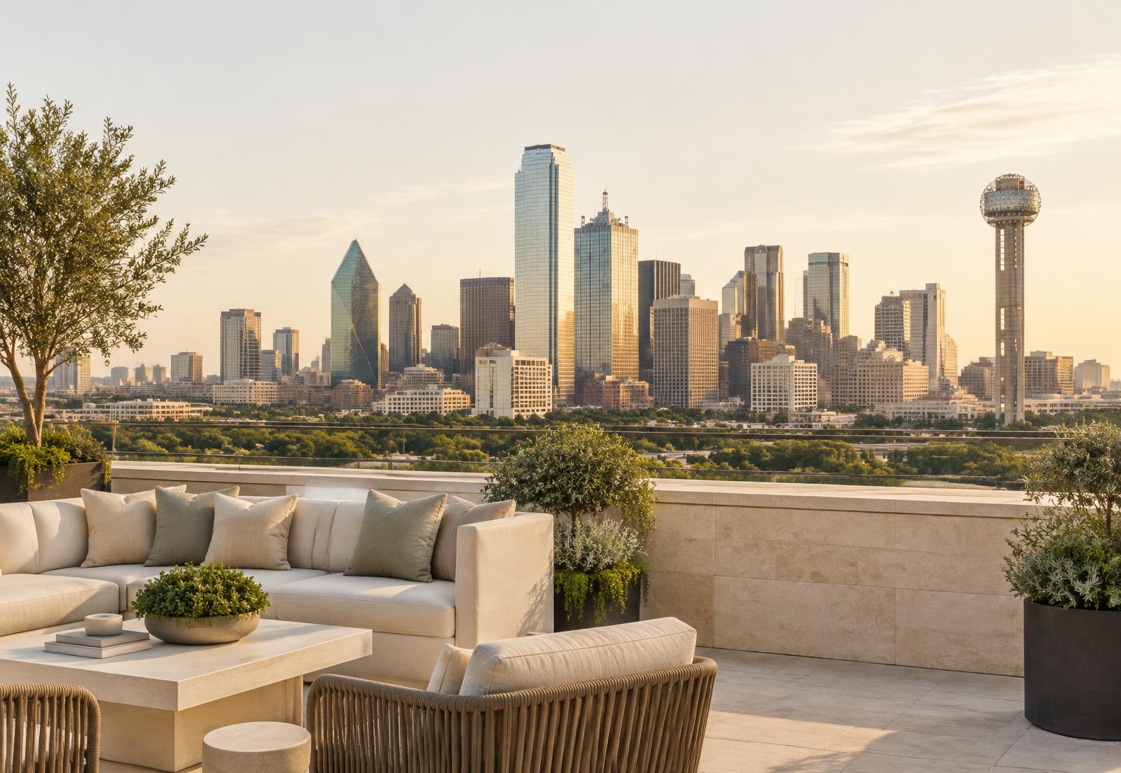 Dallas skyline viewed from an elegant terrace