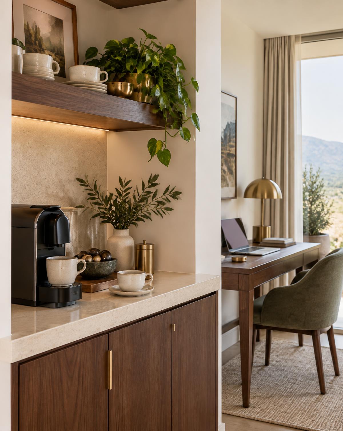 Thoughtful coffee station and workspace in a furnished residence