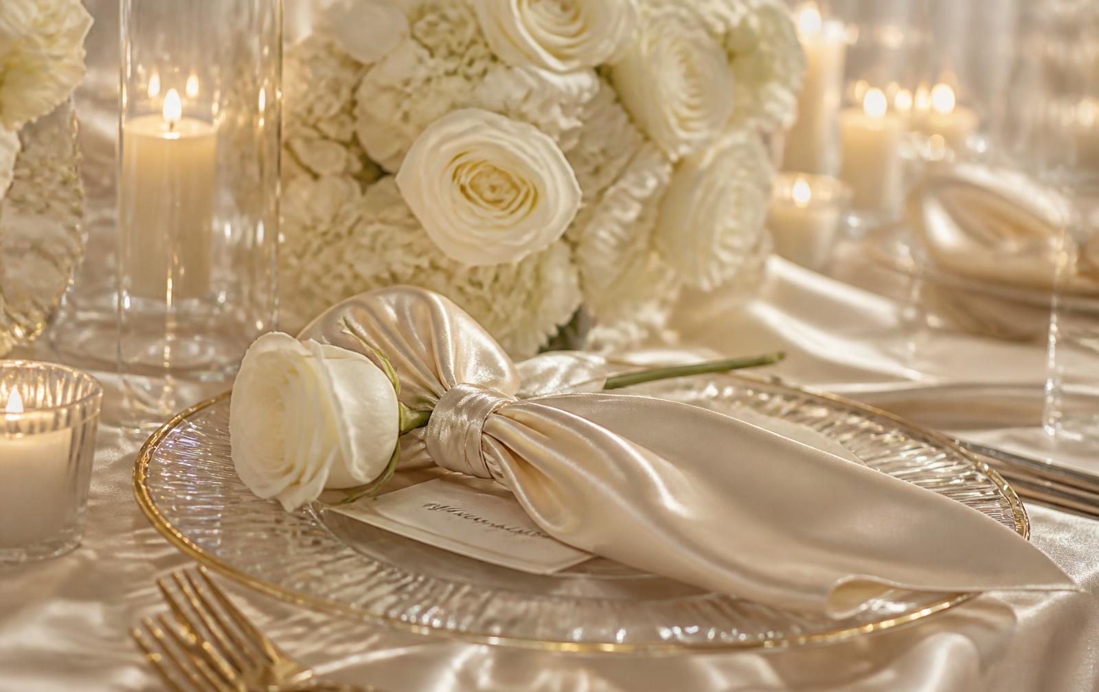 The Ivory Collection — close-up ivory tablescape with ribbed glass charger, knotted satin napkin, white roses, and candlelight