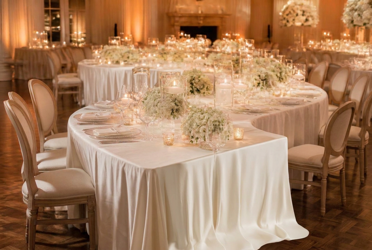 Ivory Collection reception rendering — serpentine guest table with ivory satin linens, white rose centerpieces, glass cylinder vases, hurricane candles, ribbed glass chargers, and King Louis chairs in a candlelit ballroom