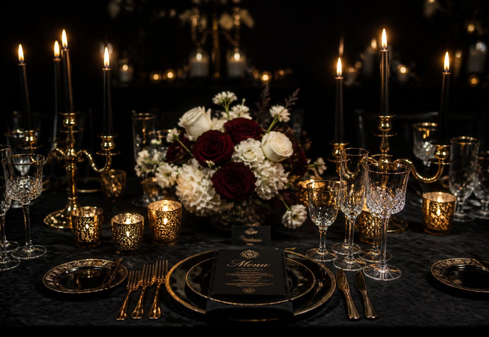 The Noir Collection — black-tie tablescape with gold candelabras, crystal stemware, and burgundy rose centerpiece