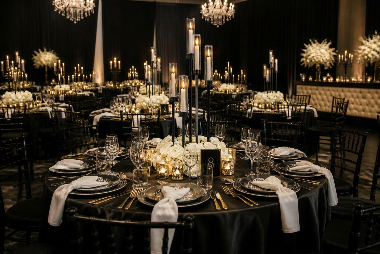 Noir Collection reception rendering — black satin round tables with white rose centerpieces, gold flatware, tall black candelabras, and Chiavari chairs in a candlelit ballroom