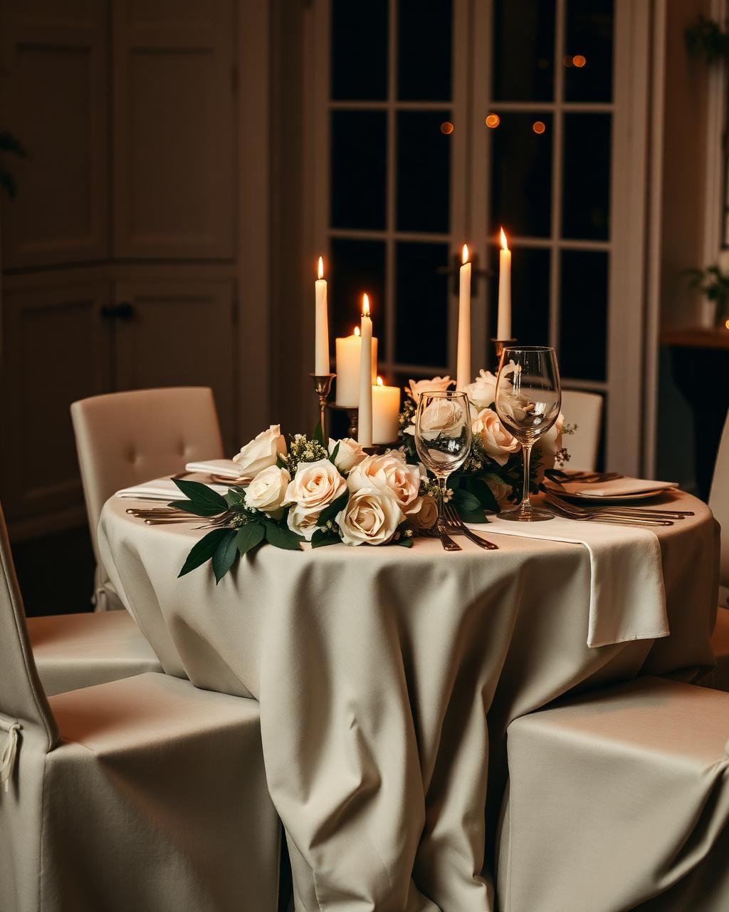 Intimate candlelit dinner table set with ivory roses and gold flatware